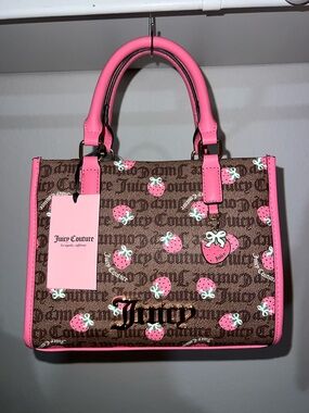 Juicy Couture Brown Monogram Satchel with Pink Strawberry Accents